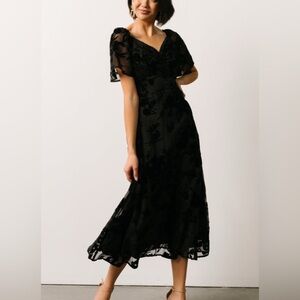 BALTIC BORN Dress Black Velvet Burnout Smocked Mera Midi Wedding Flutter - 1X